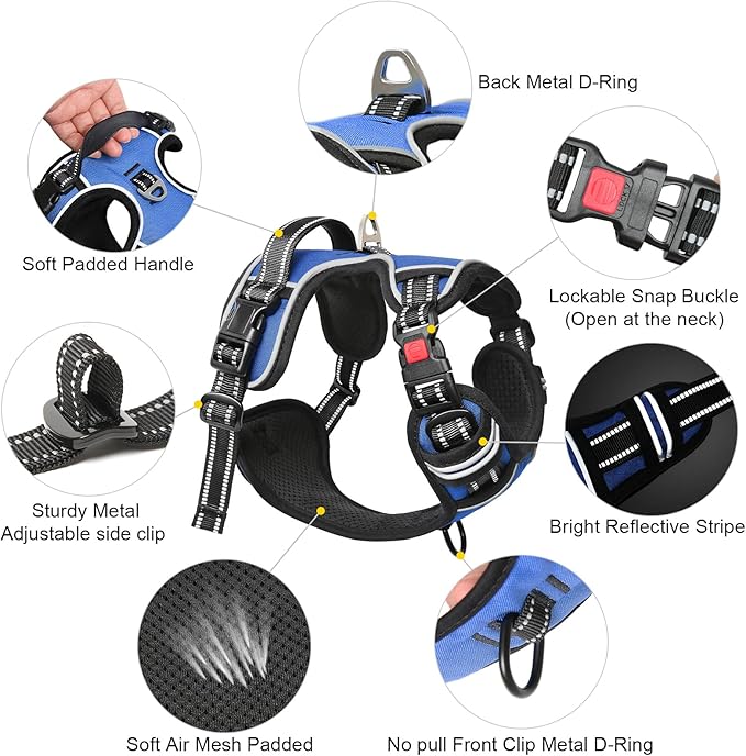 Timos Dog Harness for Large Dogs, No Pull Service Vest with Reflective Strips and Control Handle,No Choke Dog Harness with 2 Metal Rings for Easy Walking,Outdoor Training,Blue, XL