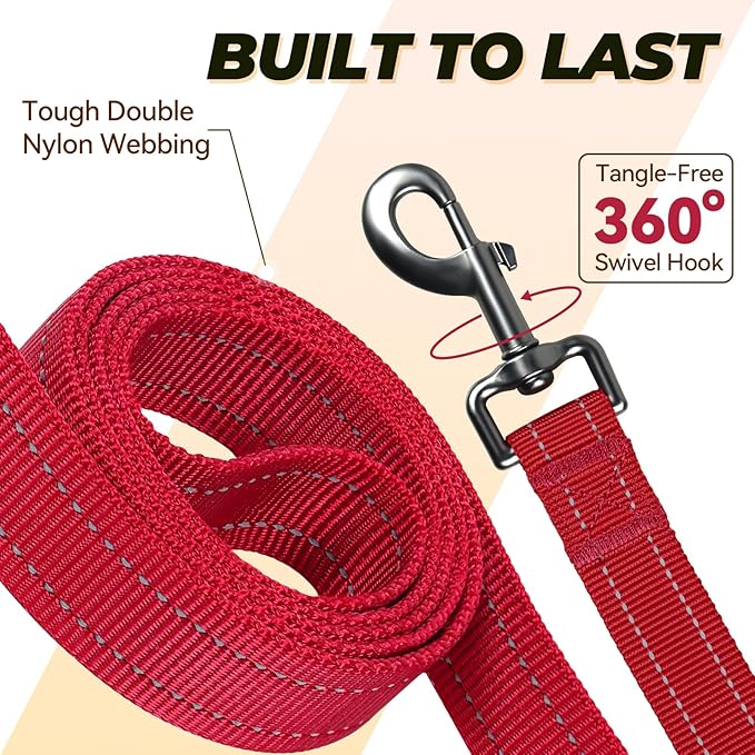 VIVAGLORY Twingrip Dog Leash, Double Handle Dog Leash for Training & Walking with Traffic Handle & 2 Loop, Traffic Control Reflective Heavy Duty for Puppy Pet, 5ft x 1in, Red