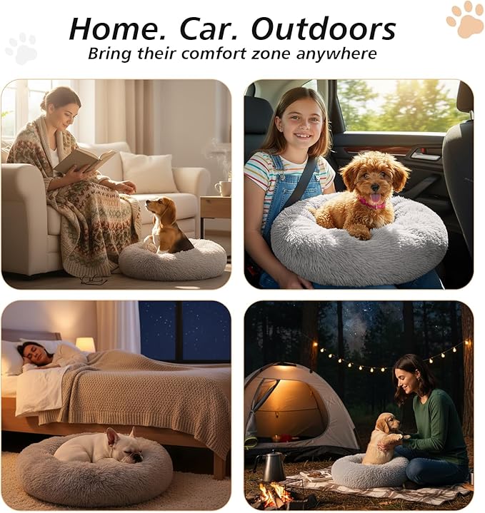 JOLLYVOGUE Calming Dog Bed Large Size Dog, Anti-Anxiety Donut Large Pet Bed, 36 inches Fluffy Faux Fur Round Cat Bed, Fits up to 75 lbs Pets (Smoke Grey)