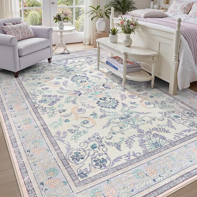 DCX Floral Area Rugs 9x12 Living Room, Soft Anti-Skid Machine Washable Purple Area Rugs Stain Resistant Neutral Boho Carpet for Bedroom Large Low Pile Lightweight Room Rug