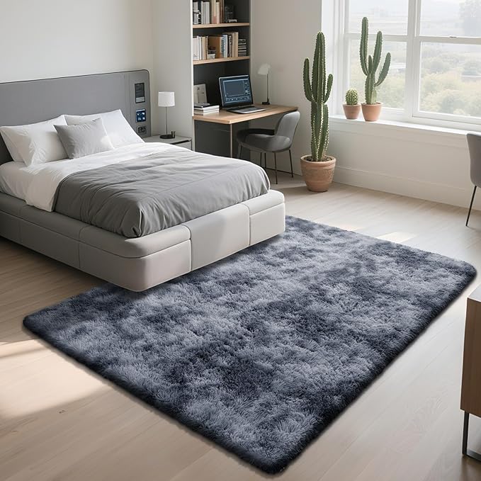 Fluffy Rug Shaggy Area Rug, Mottling Dark Grey 8x10 Area Rugs for Living Room, Large Shag Area Rugs for Bedroom Kids Room Home Decor, Upgrade Anti-Skid Rectangular Fuzzy Rugs