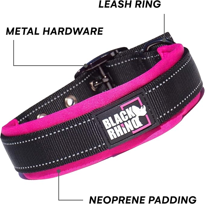 Black Rhino - The Comfort Collar Ultra Soft Neoprene Padded Dog Collar for All Breeds - Heavy Duty Adjustable Reflective Weatherproof (Large, Pink/Black)
