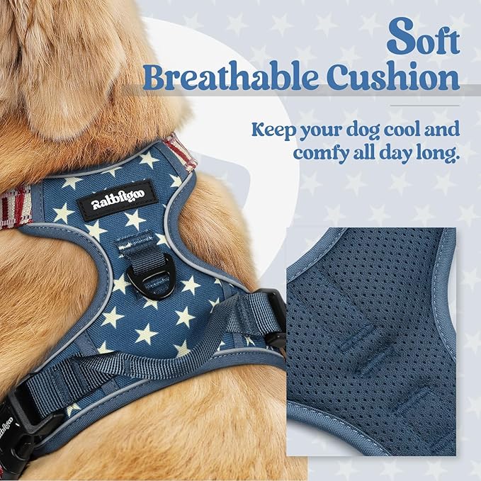 rabbitgoo Dog Harness No Pull with 2 Leash Clips, Adjustable Soft Padded, Reflective Oxford No Choke Pet Vest with Easy Control Handle for Large Dogs, Blue Star, M