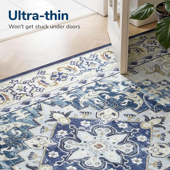 Lessymo 5x7 Area Rug for Living Room - Machine Washable Area Rugs, Super Soft Faux-Wool Area Rugs for Bedroom Kitchen, Boho Rug Vintage Floral Non-Slip Low Pile, Dark Blue