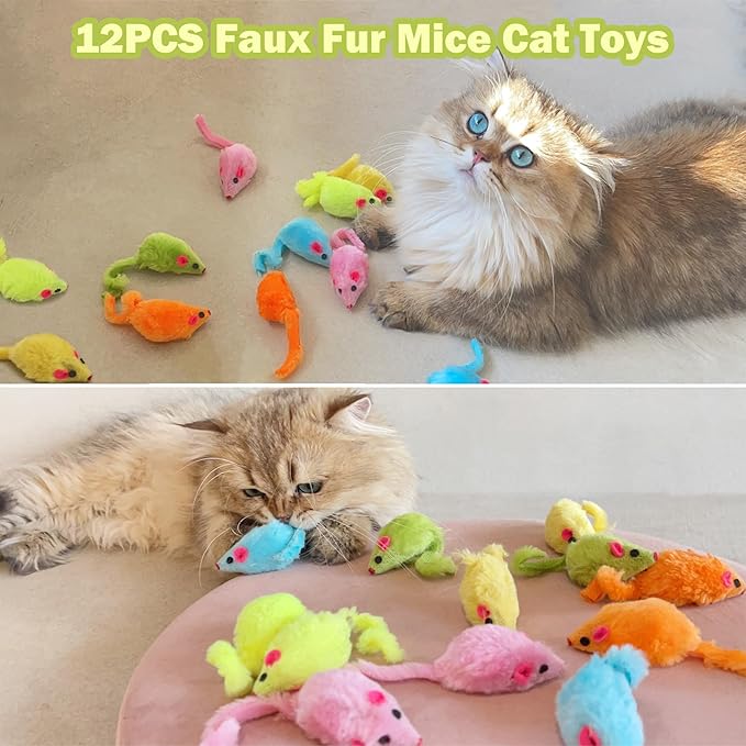 12PCS Rattle Cat Mouse Toys also Prefilled Catnip, 2.36” Mice Body Size, Faux Fur Cat Mice Toys with Plastic Body, Interactive Catnip Toys for Indoor Cats Play Fetch