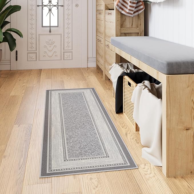 Ottomanson Hallway Runner Rug 20" x 59" Non Slip Border Area Rugs Easy to Clean Laundry Rug Runner Durable & Pet Friendly Floor Carpet Runners for Hallways Entryway Living Room Kitchen, Light Gray