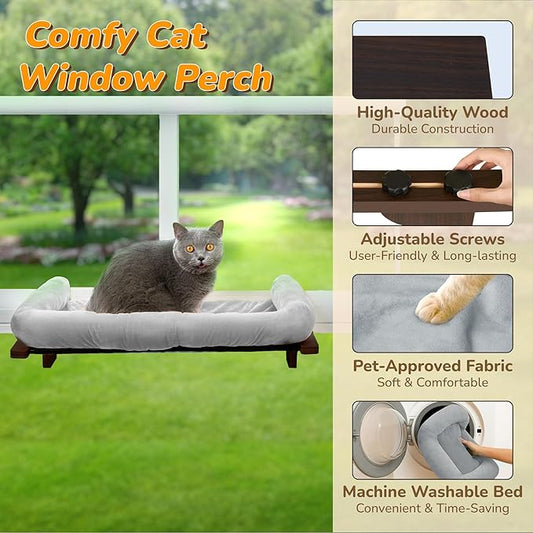 [Ready to Gift] PURRHOUSE Cat Window Perch with Cushion Bolster and Cool Pad, Cat Hammocks for Windows with Wood & Robust Metal Frame for Large Cats, Beds for Windowsill, Bedside and Cabinet,24''W