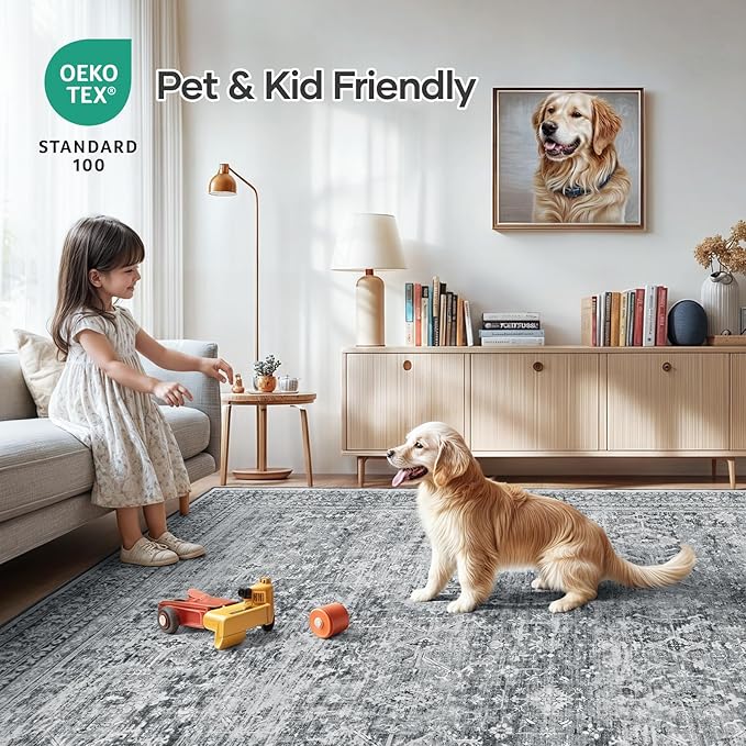 Lofus 5x7 Area Rug for Living Room,Grey Washable Area Rugs with Non-Slip Backing,Soft Neutral Carpets for Bedroom Dining Room Home Office Indoor Nursery