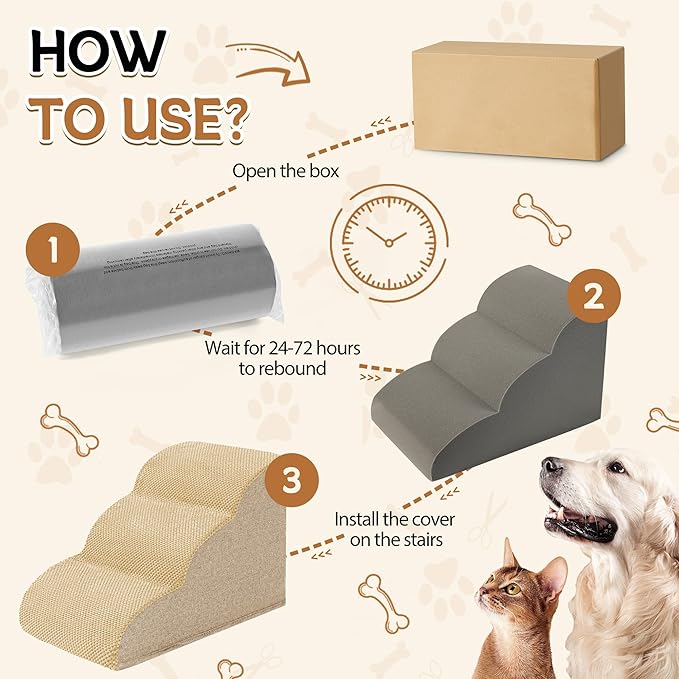 Romrol Dog Stairs Ramp for High Beds Couches, High Density Foam Pet Steps with Durable Non-Slip Waterproof Fabric Cover, Dog Stairs for Small Dogs or Cats or Pets, 3-Step,15 Inch,Beige