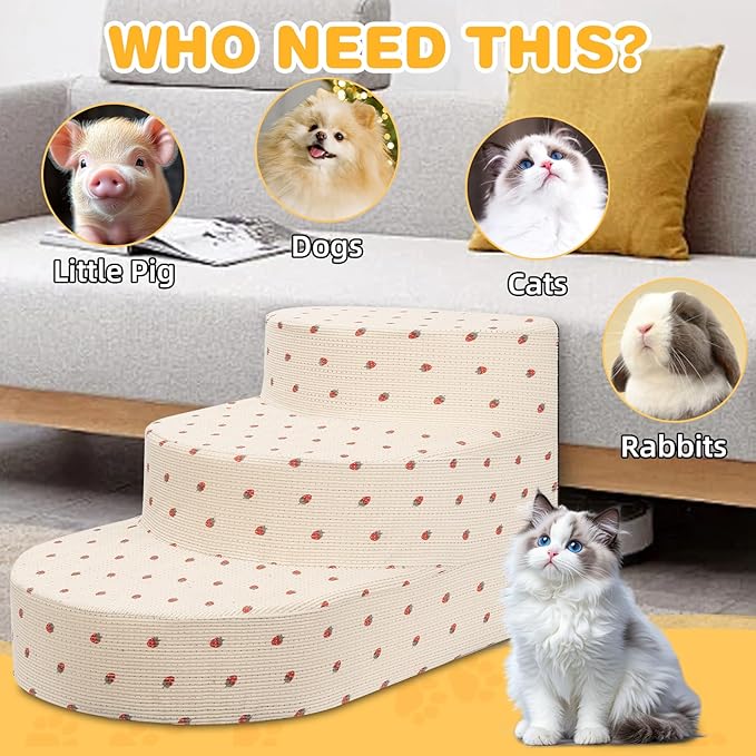 Dog Stairs for Small Dogs, Foam Steps for Small Dogs & Cats, 3 Steps Dog Ramp for High Beds, Couch, Window, Sofa, Pet Stairs with Removable Washable Cover, Non-Slip Sturdy Pet Steps, Strawberry
