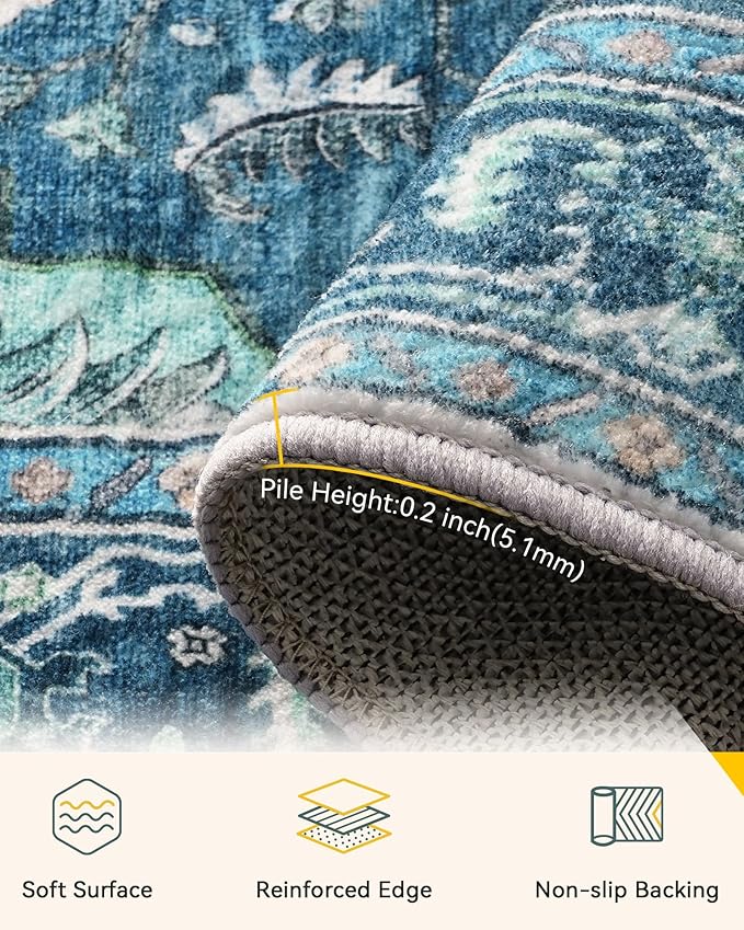 Area Rugs 2'x8' Runner Rug Non Slip Washable for Kitchen Hallway Bedroom Beside Laundry Room Bathroom Rug, Floor Carpet, Teal Green Lake Blue Turquoise