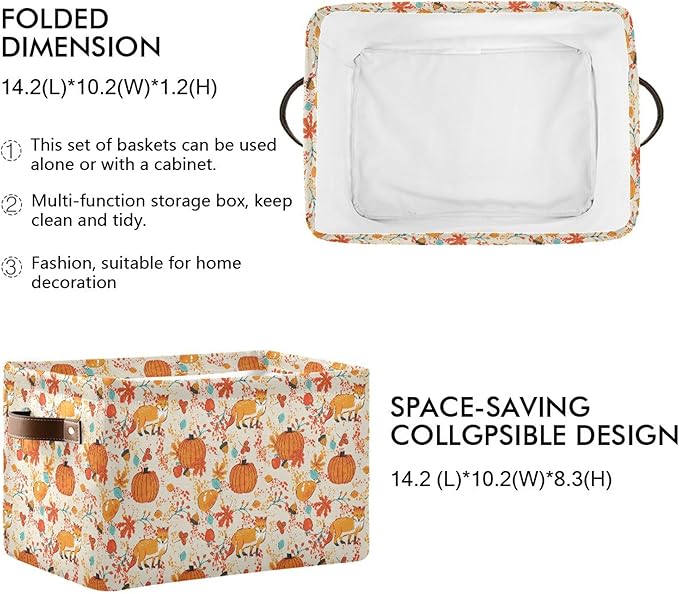 Fall Pumpkin Fox Storage Basket with Waterproof Liner and PU Handles Autumn Maple Leaves Berry Storage Bins Boxes 14.2" Collapsible Decorative Organizer Baskets for Bedroom Closet Office 1 Pack