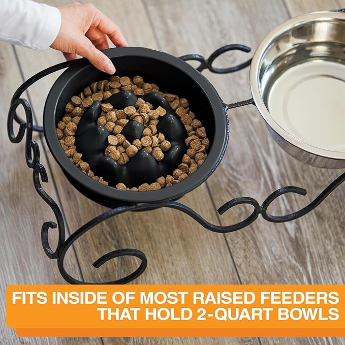 The Niner Slow Feed Bowl - Raised Peaks Slow Down Pets Eating - Fits Elevated Feeders Including Neater Feeder Large Sizes - Gentle on Teeth and Gums - Holds up to 2 Cups (Black)