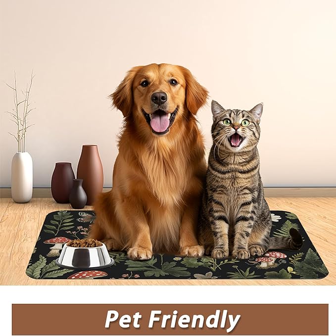 Red Mushroom Pet Feeding Mat,Fern Herb Butterfly Absorbent Quick-Dry Cat Dog Food and Water Bowl Mats,Non-Slip Rubber Backing Mat,Cat Dog Accessories Supplies 12"x20"