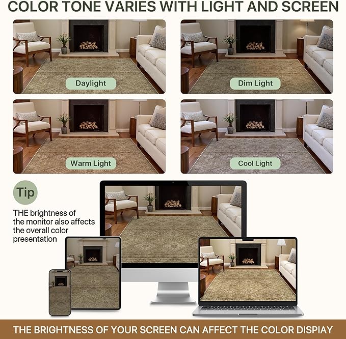 Bavni 9x12 Area Rug Washable Rug for Living Room Bedroom, Vintage Print Carpet, Low Pile Lightweight Mat with Non Slip Backing, Light Brown