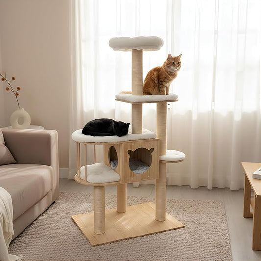 Multi-Level Pine Wood Cat Tree Tower for Indoor Large Cats – Solid Cat Condo House with Plush Beds - Sisal Scratching Posts – Sturdy Cat Furniture, 55", White