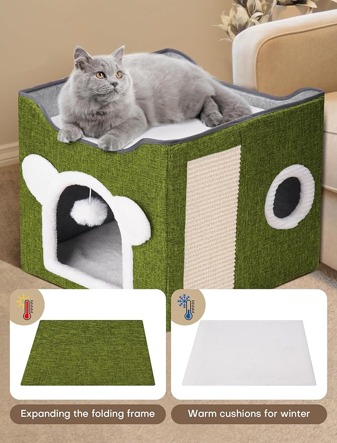 Cat Houses for Indoor Cats, Large Cat Cave with Fluffy Ball and Scratch Pad, Covered Cat Bed House, Foldable Cat Hideaway (Green)
