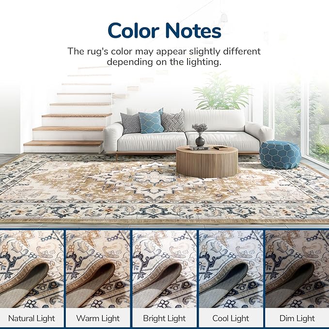 Lessymo 5x7 Area Rug for Living Room - Machine Washable Area Rugs, Super Soft Faux-Wool Area Rugs for Bedroom Kitchen, Boho Area Rug Vintage Floral Non-Slip Low Pile, Brown