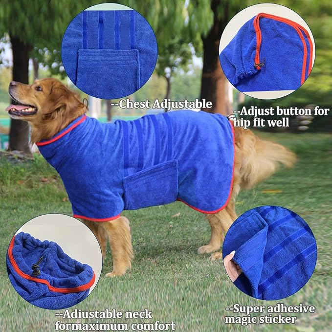 Dog Drying Coat - Fast Drying Dog Towel Robe - Microfiber Super Absorbent Pet Bathrobe, Adjustable Collar & Belly Strap Fast Drying Coat Pet Dog Cat Bath Robe Towel