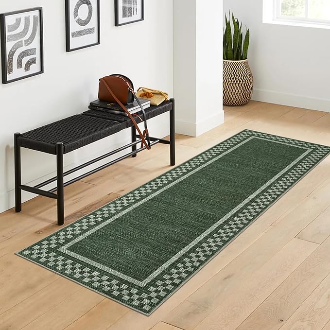 Rug Runners for Hallways 2x8 Washable Kitchen Runner Rug Non Slip Low Pile Bedside Throw Carpet Modern Bordered Bathroom Runners Checkered Area Rug for Living Room Bedroom Entryway Nursery, Green