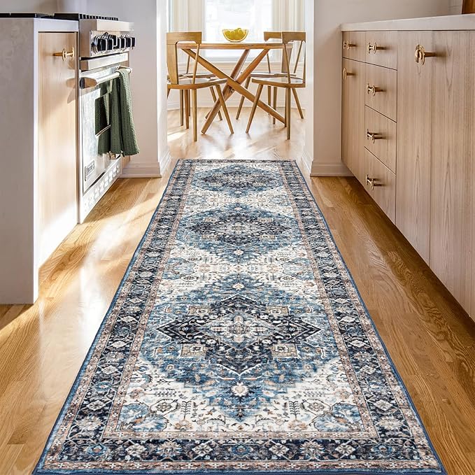 Runner Rug 2횞8, Vintage Boho Rug,Ultra-Soft Low Pile, Washable, Non Slip,Stain Resistant Printed Carpet for Hallway Kitchen Living Room Bedrooms Playroom Office, Blue/Navy