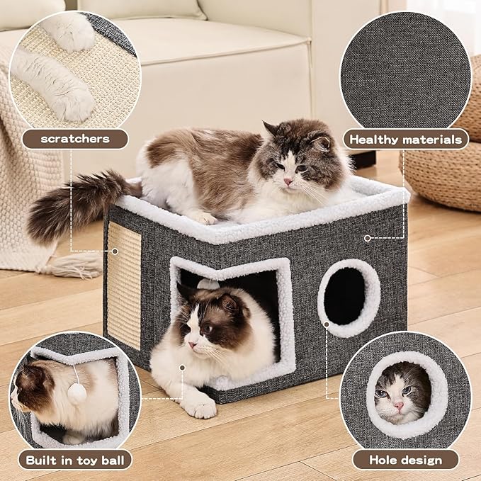 Cat Beds for Indoor Cats, Large Cat Cave with Fluffy Ball and Scratch Pad, Foldable Cat Scratch House with Hideaway Condo for Kitten,16x16x13inch,Grey