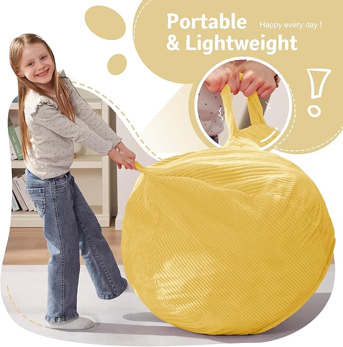 Homguava 2.5FT Bean Bag Chair,Teardrop Bean Bags Small Beanbag Chair with Memory Foam Filled and Ultra Soft Corduroy Cover for Living Room, Bedroom (Yellow)