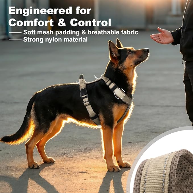 No Pull Dog Harness with Handle, Soft Mesh Padded Adjustable for Small Medium Large Dogs | Reflective Easy Walk Harness with Front Clip for Training, Running & Outdoor (Beige, M)