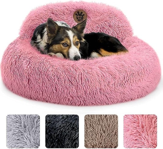 PetJett Calming Medium Dog Bed - 30'' Round Dog Beds, Anti-Slip & Washable Super Soft Fluffy Plush Donut Bed, Anti-Anxiety Premium Comfort Pet Bed, Fits Dogs up to 45 lbs - Pink