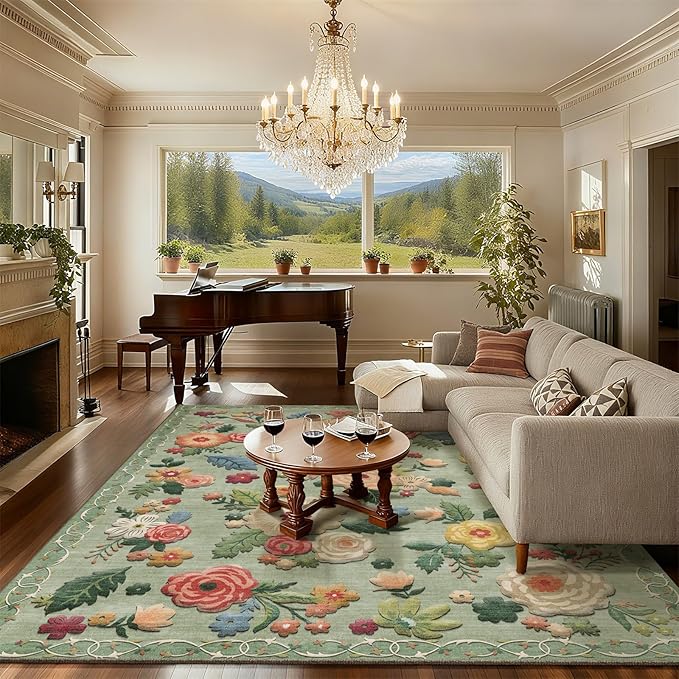 Washable Area Rugs for Living Room: 6x9 Area Rug for Bedroom Vintage Floral Large Rug Stain Resistant Non Slip Low Pile Faux Wool Soft Rugs for Entryway Dining Room Bedside Kitchen Nursery