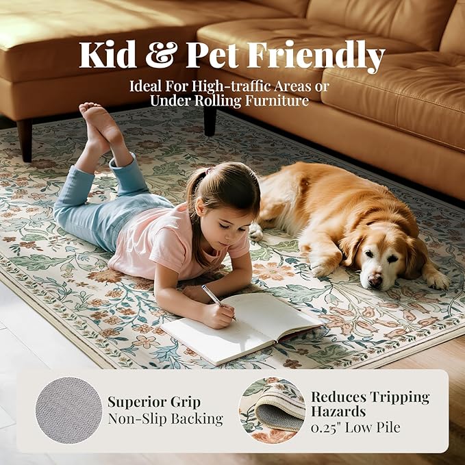 Floral Area Rug for Living Room: 8x10 Washable Soft Low Pile Thin Indoor Carpet, Non Slip Stain Resistant Vintage Flower Boho Accent Large Rugs for Bedroom, Dining, Home Office, Nursery - Beige