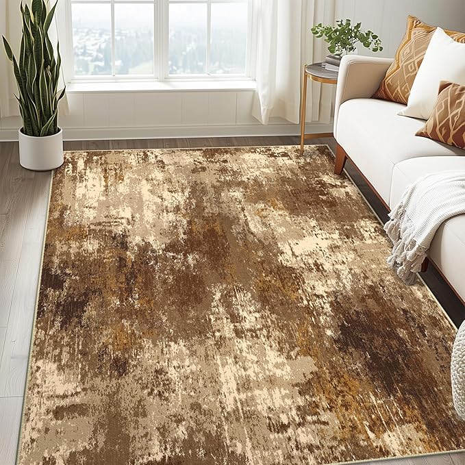 Washable Area Rugs 8'x10' Non-Slip Modern Abstract Soft for Living Room Entryway Bedroom Nursery, Print Pattern, Brown Tan Beige Coffee