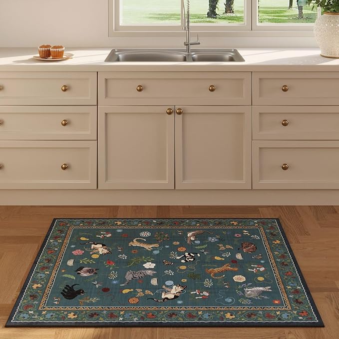 Rugcomf Door Mat Indoor Entrance 2x3 Rug Machine Washable Boho Floral Animal Cat Small Area Rug Non-Slip Low Pile Throw Rugs for Entryway Kitchen Front Door Indoor Entry Kids Room, Pearl Gentian Blue