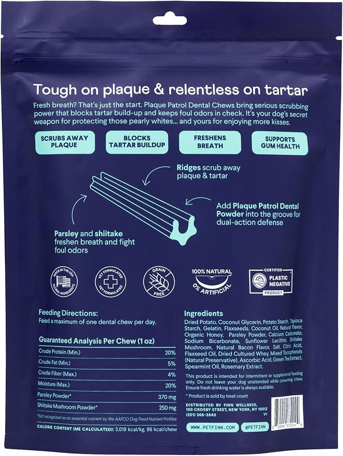 Finn Plaque Patrol Dental Chews | Triple-Action Defense Against Plaque, Tartar, and Bad Breath | for Medium/Large Dogs, 25+ lbs