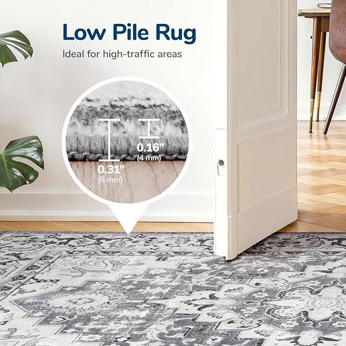 Lessymo 3 x 5 Area Rugs for Living Room- Machine Washable Area Rugs Boho Faux Wool Low Pile Area Rug for Bedroom Floral Medallion Vintage Rugs with Non-Slip Rubber, Kid & Pet Friendly,Grey Beige