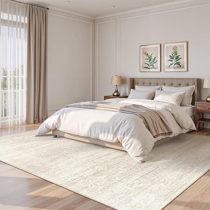 8x10 Area Rugs for Living Room, Washable Vintage Floral Non-Slip Low Pile Natural Rug Soft Throw Large Carpet for Dining Room Bedroom Home Office (Beige/Cream, 8'x10')