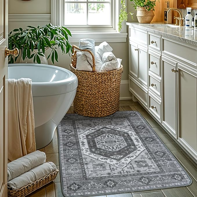 LBRO2M Boho Rug for Entryway Indoor Washable Rug 3X5 Front Door Carpet Non Slip Throw Rugs, Small Rug for Bathroom Kitchen Rugs Pet Friendly Low Piles (3'X5' Dark Gray)