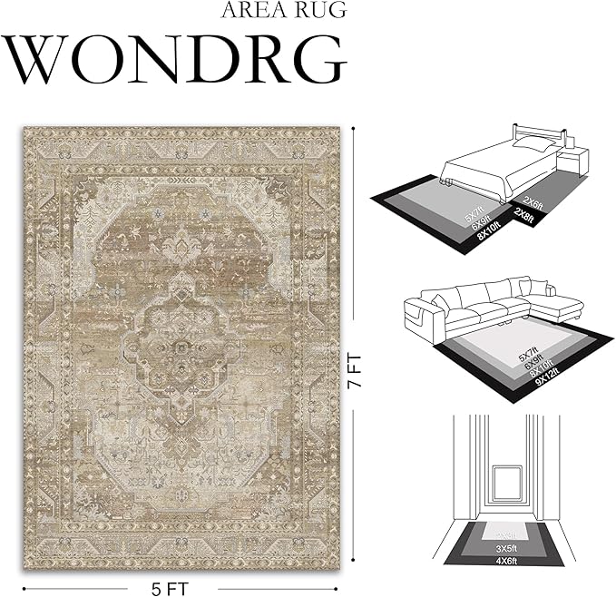 3x5 Washable Vintage Area Rug for Living Room Bedroom Non Slip Distressed Traditional Soft Runner Rug Beige Brown Low Pile Lightweight Floral Carpet Entrance Laundry Room Kitchen