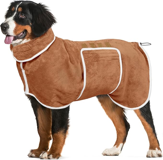 Dog Bathrobe Towel Dog Drying Coat - Super Absorbent Towels Bath Robe for Dogs Large, Soft Adjustable Collar & Belly Strap Fast Drying Coat Pet Cat Bath Robe (Brown, Small)