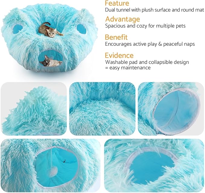 Cat Tunnel Bed, 3-in-1 Collapsible Cat Tube with Removable Washable Cushion, Multi-Shape (U/S/Half-Round) Playhouse with Peekaboo Holes, Hanging Balls & Cat Ears for Cats, Small Dogs, Rabbits