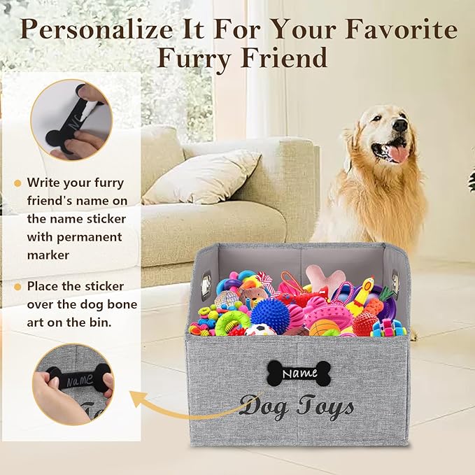 Large Collapsible Dog Toy Basket,Fabric Trapezoid Dog Toy Bin,Stable Dog Toy Storage Box with Metal Handle,for organizing Dog Puppy Toy Blanket Collar Clothes Snacks-Can be Personalized-Gray