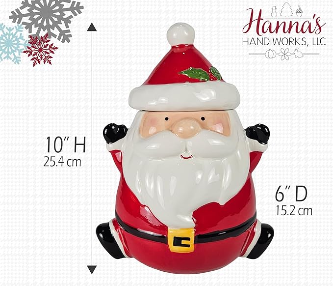 Hanna's Handiworks Jolly Santa Cookie Jar - Merry Decor for Kitchen Storage and Decoration for Holiday Parties and Everyday Use - Perfect for Home, Office, Dorm, and School