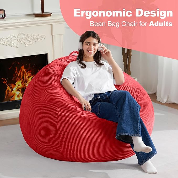 Homguava 4FT Bean Bag Chair for Adults,Teardrop Bean Bags Big Beanbag Chair with Memory Foam Filled and Ultra Soft Removable Corduroy Cover for Living Room, Bedroom (Red)