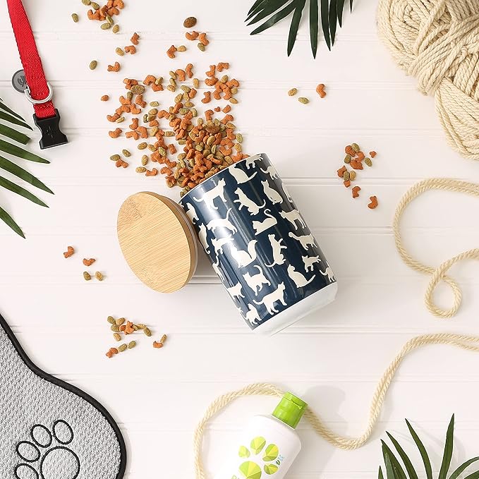 Bone Dry Ceramic Treat Jar for Cats and Dogs, Bamboo Lid, Dishwasher Safe Canister, 4x6.5", Navy, Cat Treats