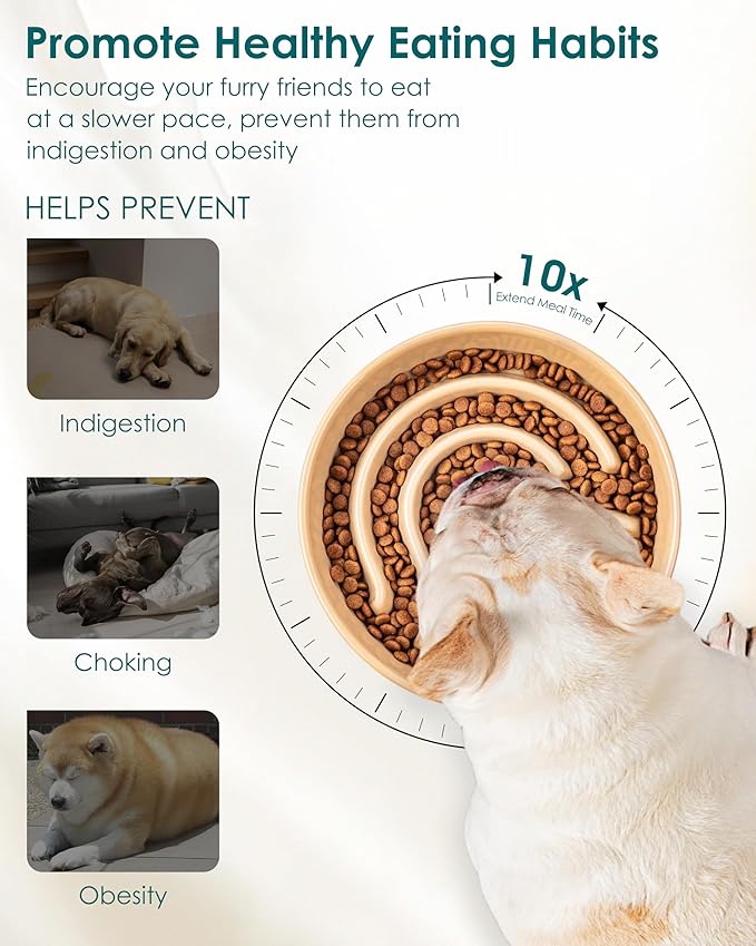 vancasso Slow Feeder Dog Bowl, 0.6 Cup Ceramic Slow Feeding Food Dish for Small Breed, Puzzle Dog Food Bowl for Fast Eater, Brown