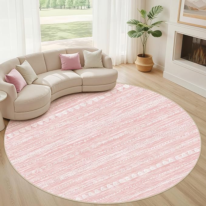 Nakagishi Round Rug Kitchen Washable Rugs: 8x8 Non-Slip Boho Soft Modern Stain Resistant Indoor Floor Neutral Farmhouse Throw Carpet for Hallway Bathroom Laundry Room Entryway Bedroom- Pink