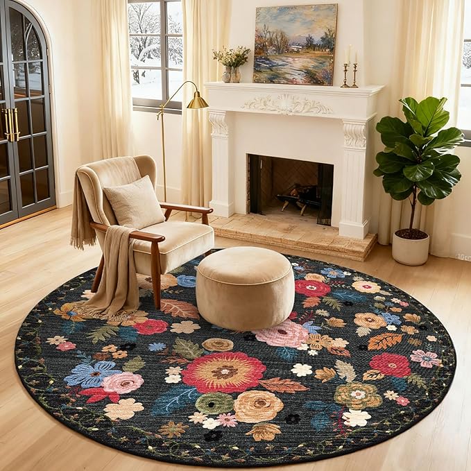 4x4 Round Bedroom Rug Washable: Round Rug Stain Resistant Green Floral Rug Non Slip Low Pile Small Carpet for Bedroom Kitchen Entryway Living Room Bedside Office Dorm Kids Room Entrance