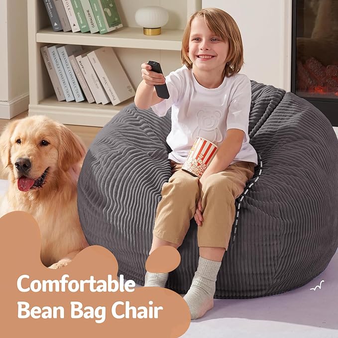 Homguava 2.5FT Bean Bag Chair,Teardrop Bean Bags Small Beanbag Chair with Memory Foam Filled and Ultra Soft Corduroy Cover for Living Room, Bedroom (Grey)