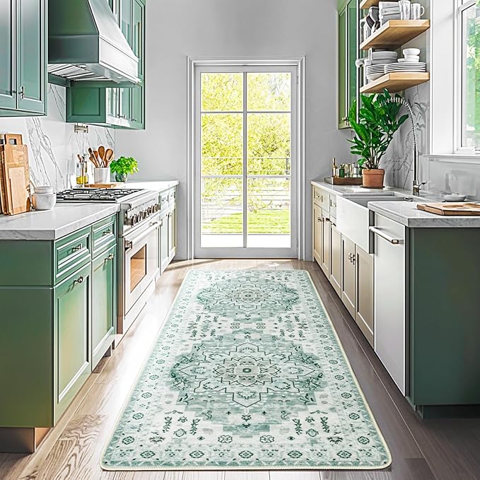 LBRO2M Boho Washable Runner Rug 2'6“X8’ Green Washable Hallway Runner Rugs Non Slip Low Piles Rugs, Soft, Area Rug Runners for Hallways, Bedroom, Kitchen Laundry Room (2'6"X8', Green)