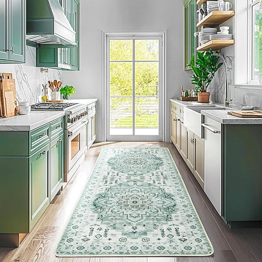 LBRO2M Boho Washable Runner Rug 2'6“X8’ Green Washable Hallway Runner Rugs Non Slip Low Piles Rugs, Soft, Area Rug Runners for Hallways, Bedroom, Kitchen Laundry Room (2'6"X8', Green)